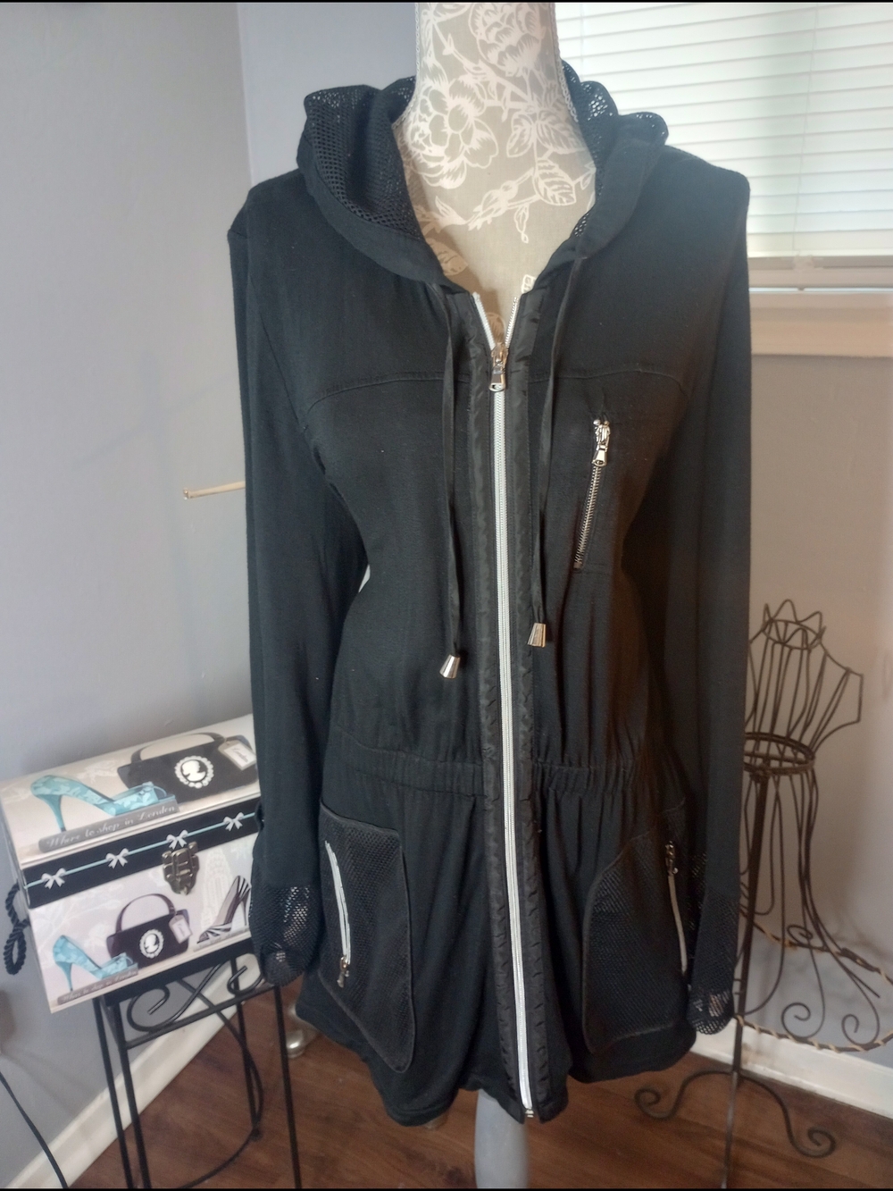Tribal Black Hooded Zip Utility Jacket w/Mesh Hood
